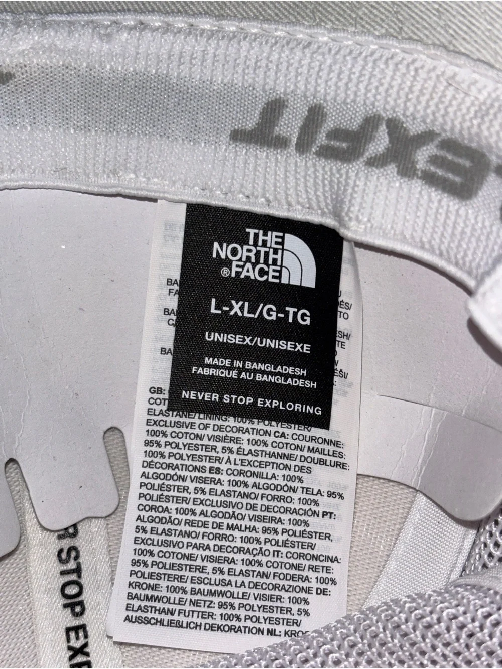 The North Face Trucker White Flexfit Cap NEW L/XL‎ Never Stop Exploring Unisex